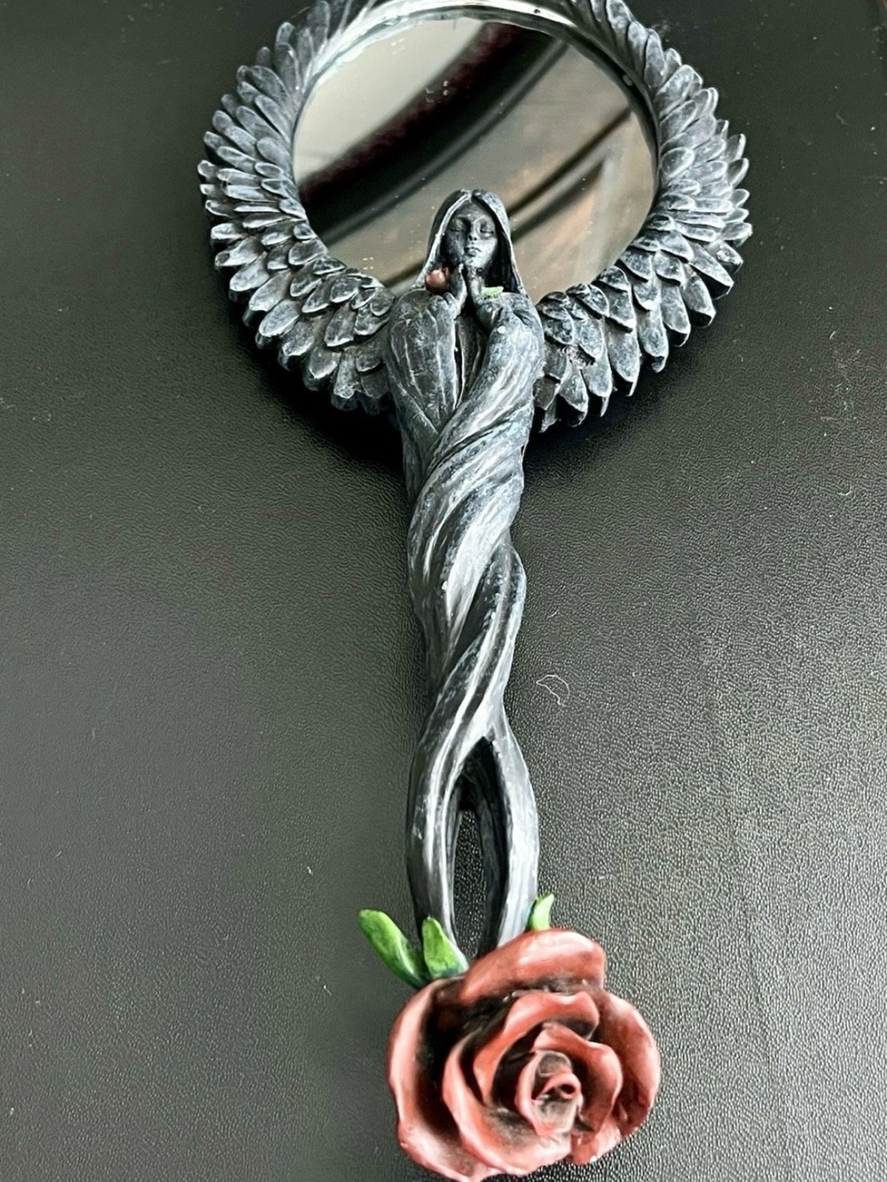 Original Nemesis Now Gothic Angel Hand Mirror/Wall Decor with Red Rose